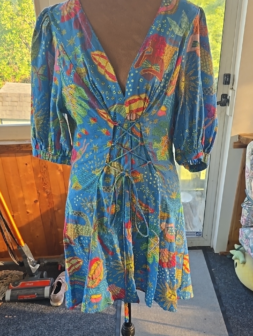 Vintage-Inspired Blue Botanical Print Tie-Waist Dress By Farm Rio 100% Cotton M